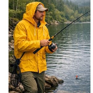 Bimini Bay Outfitters Mens Yellow Waterproof Vinyl Rain Jacket Hooded Slicker L